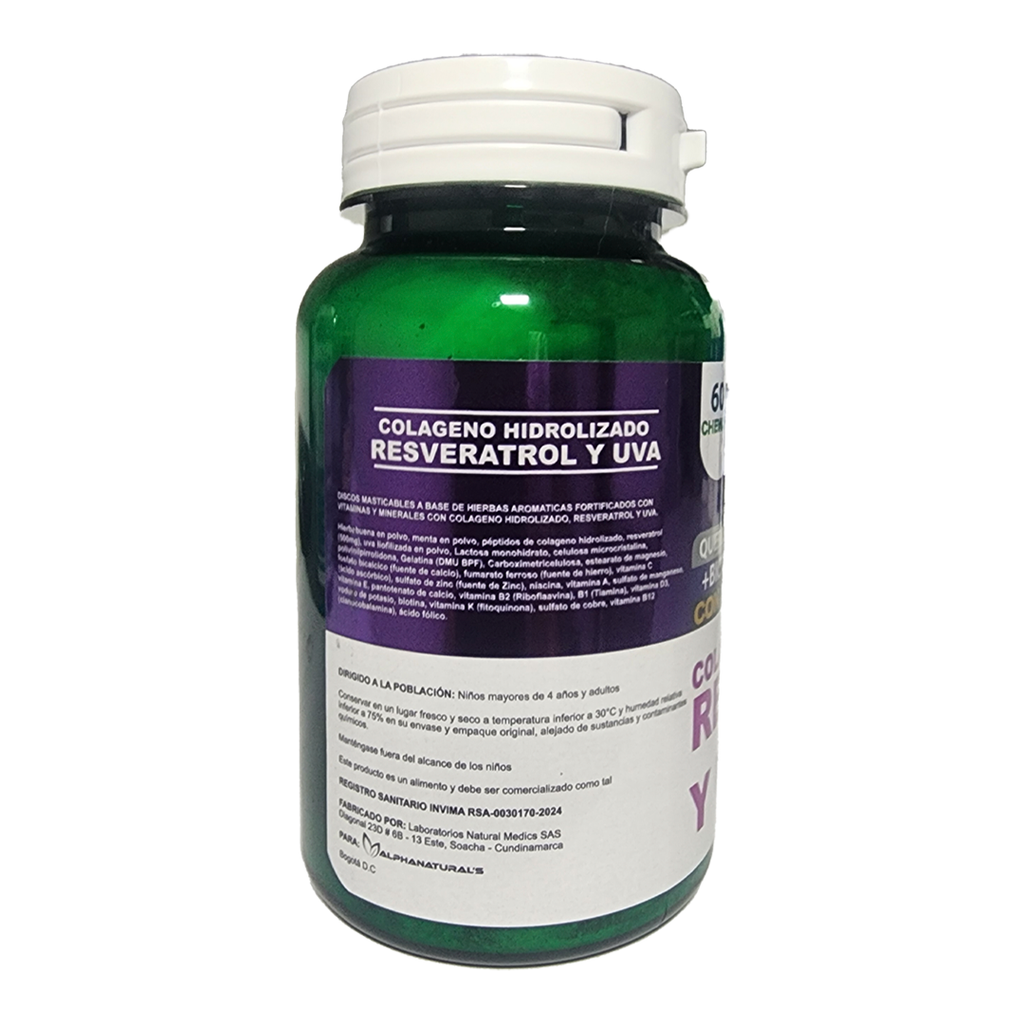 Colágeno Hidrolizado con Resveratrol Sabor Uva x60 Tabletas Masticables