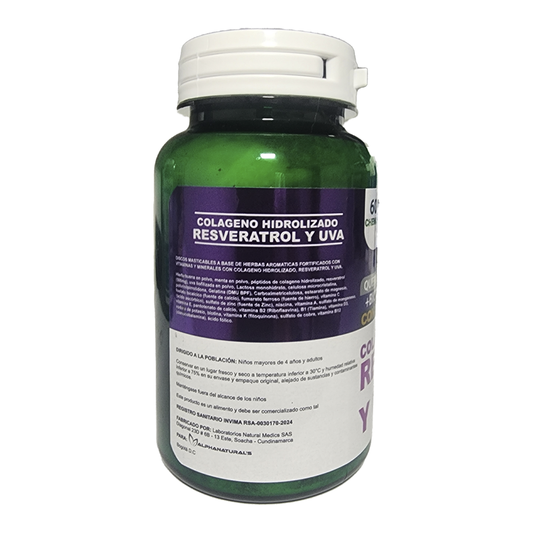 Colágeno Hidrolizado con Resveratrol Sabor Uva x60 Tabletas Masticables